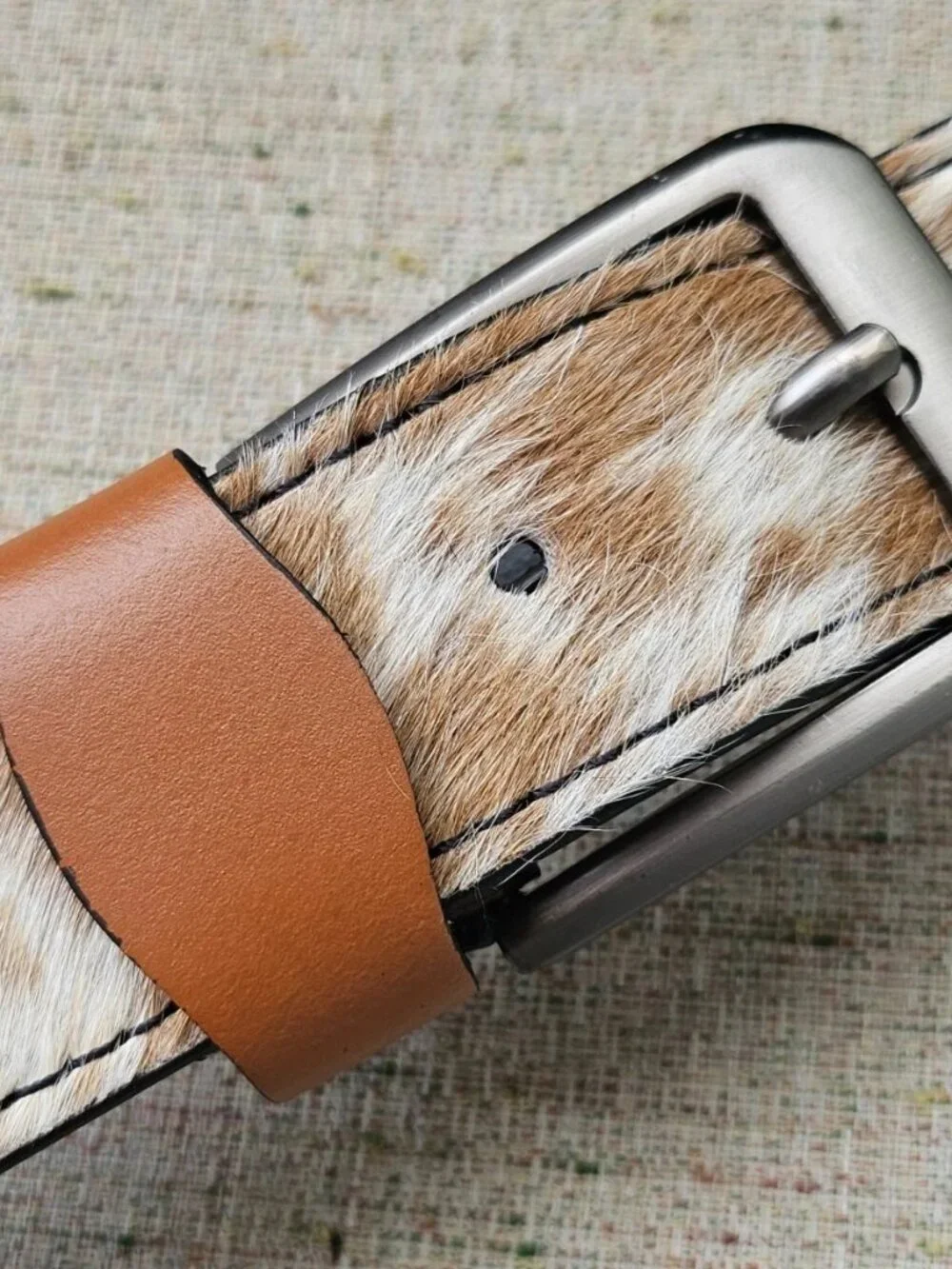 Handmade Belt Real Fur Brown/White Hair Waistband Pin Buckle Unisex Handmade